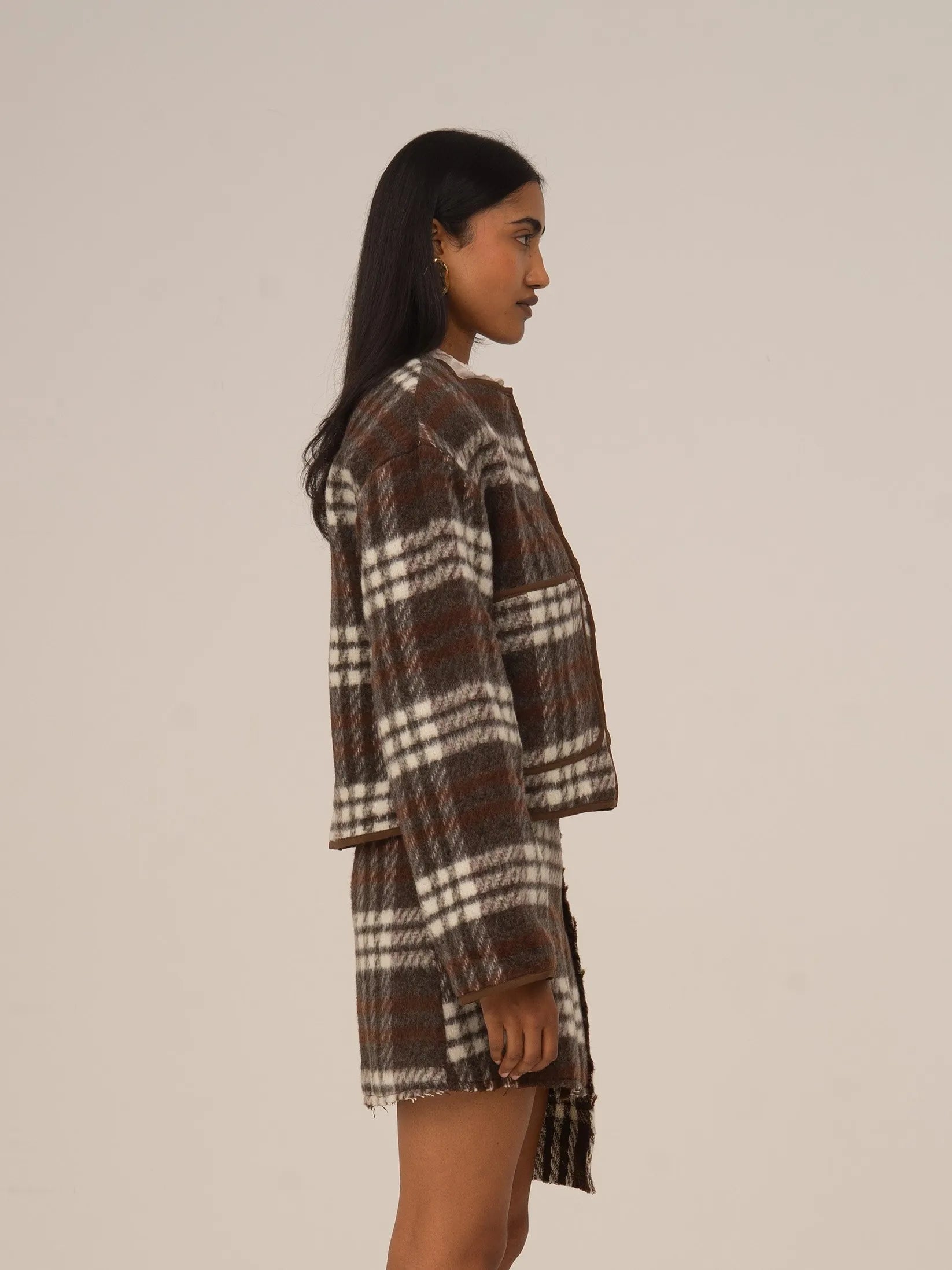Women's brown plaid cropped jacket with patch pockets