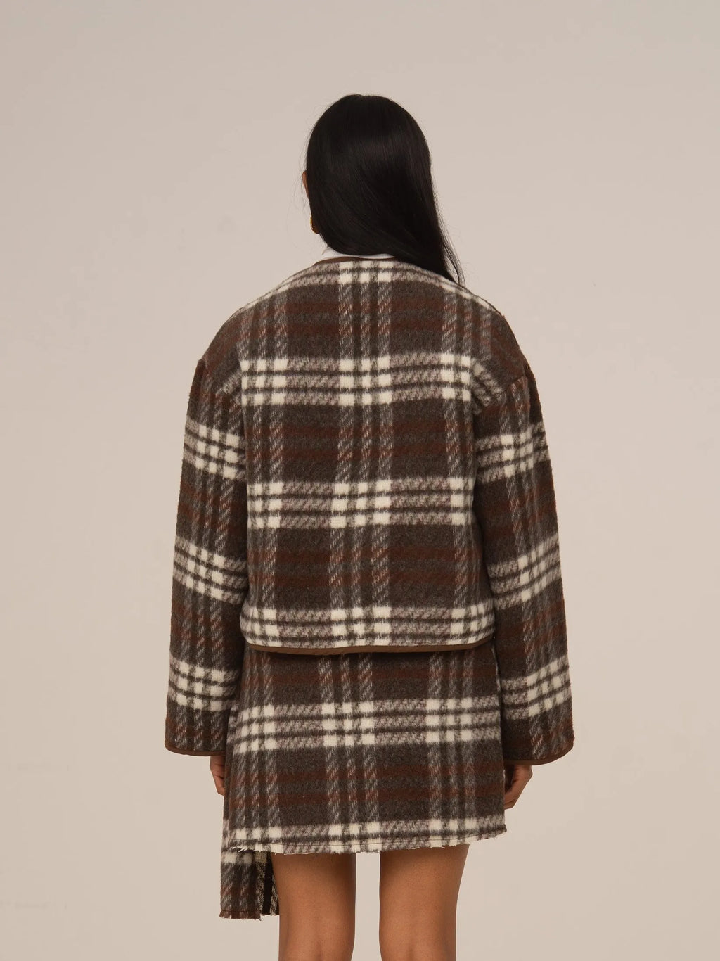 Women's brown plaid cropped jacket with patch pockets