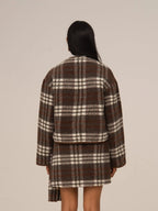 Women's brown plaid cropped jacket with patch pockets