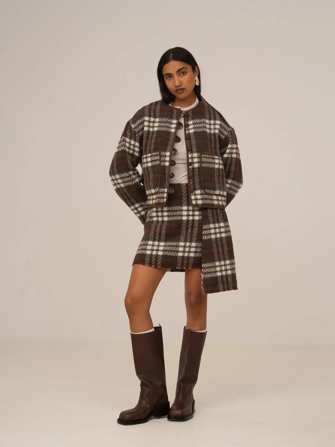 Women's brown plaid cropped jacket with patch pockets
