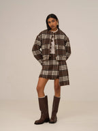 Women's brown plaid cropped jacket with patch pockets