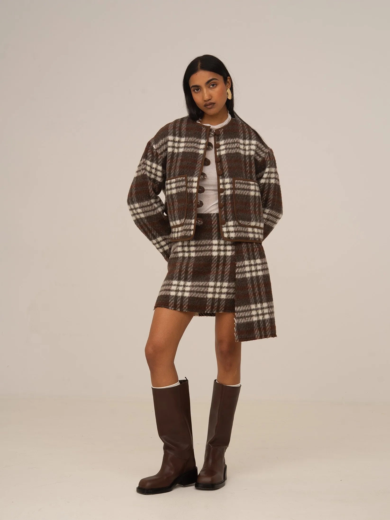 Women's brown plaid cropped jacket with patch pockets