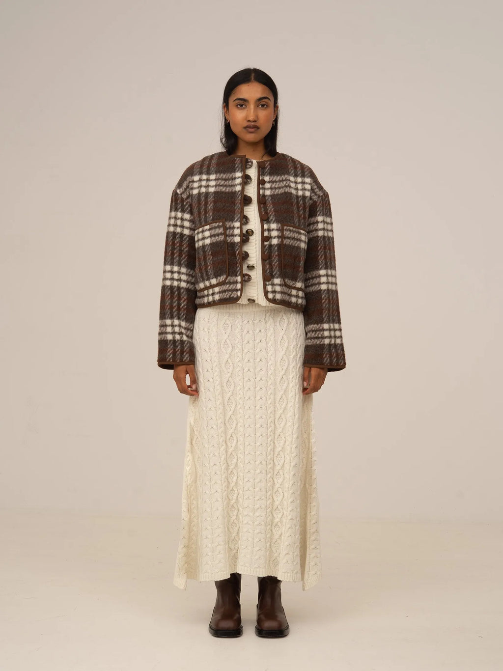 Women's brown plaid cropped jacket with patch pockets