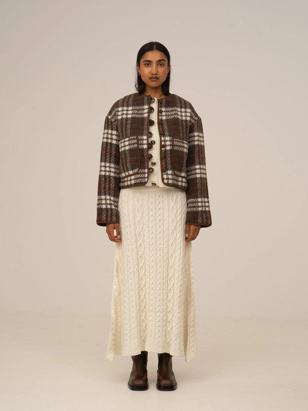 Women's brown plaid cropped jacket with patch pockets