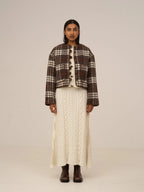 Women's brown plaid cropped jacket with patch pockets