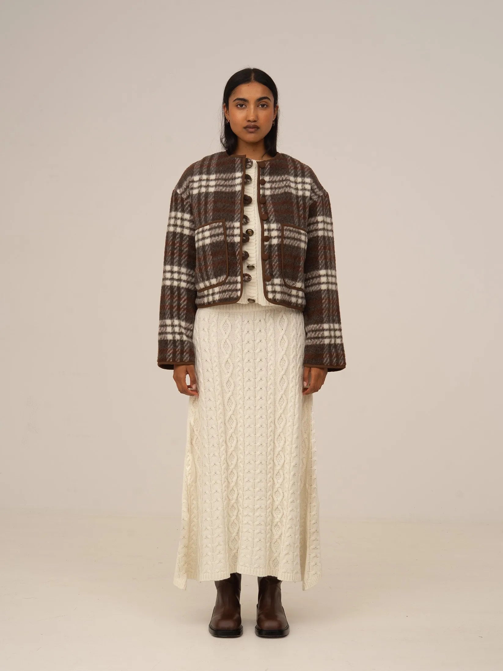 Women's brown plaid cropped jacket with patch pockets