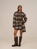 Women's brown plaid cropped jacket with patch pockets