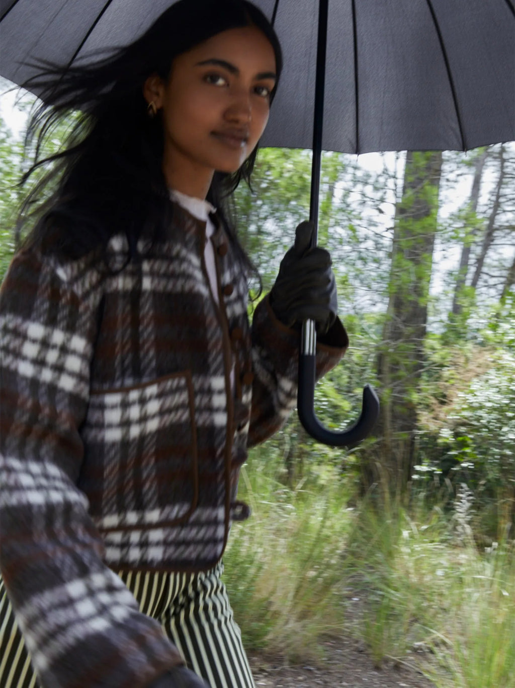 Women's brown plaid cropped jacket with patch pockets