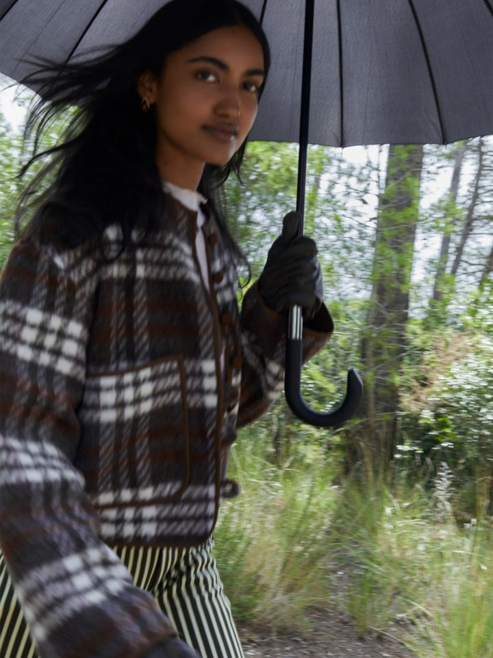 Women's brown plaid cropped jacket with patch pockets