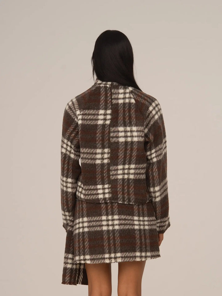 Women's brown plaid cropped turtleneck top with long sleeves and fringed edges
