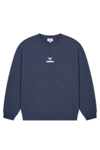 Women's navy crew neck sweatshirt with chest logo