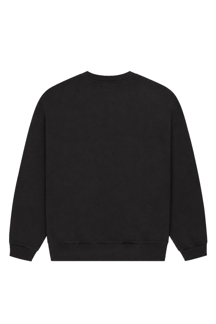 Women's black crewneck sweatshirt with pink chest logo