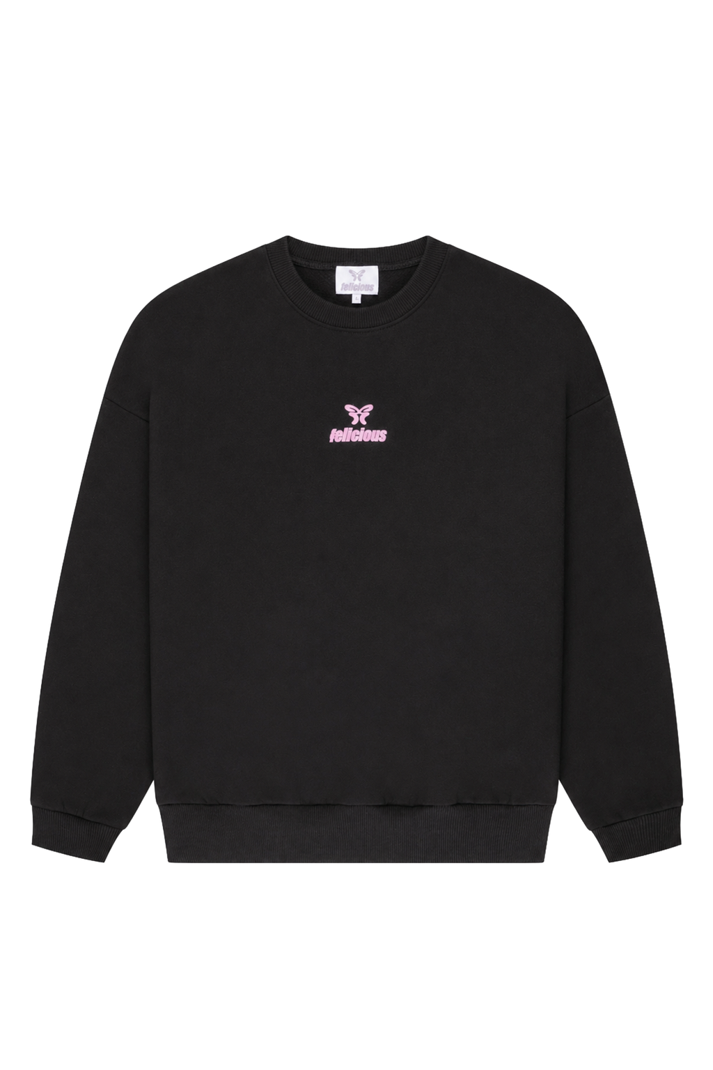 Women's black crewneck sweatshirt with pink chest logo