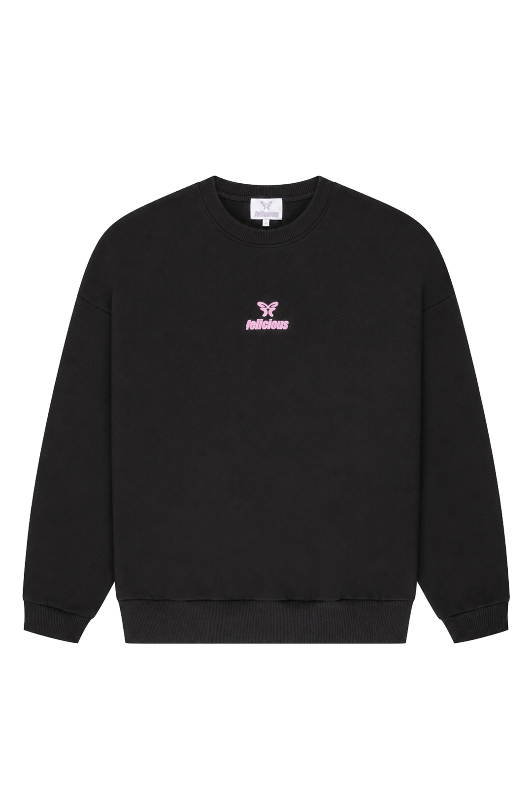 Women's black crewneck sweatshirt with pink chest logo