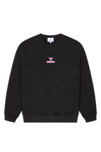 Women's black crewneck sweatshirt with pink chest logo