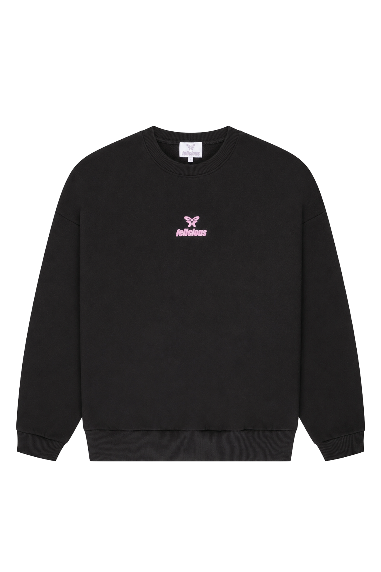 Women's black crewneck sweatshirt with pink chest logo