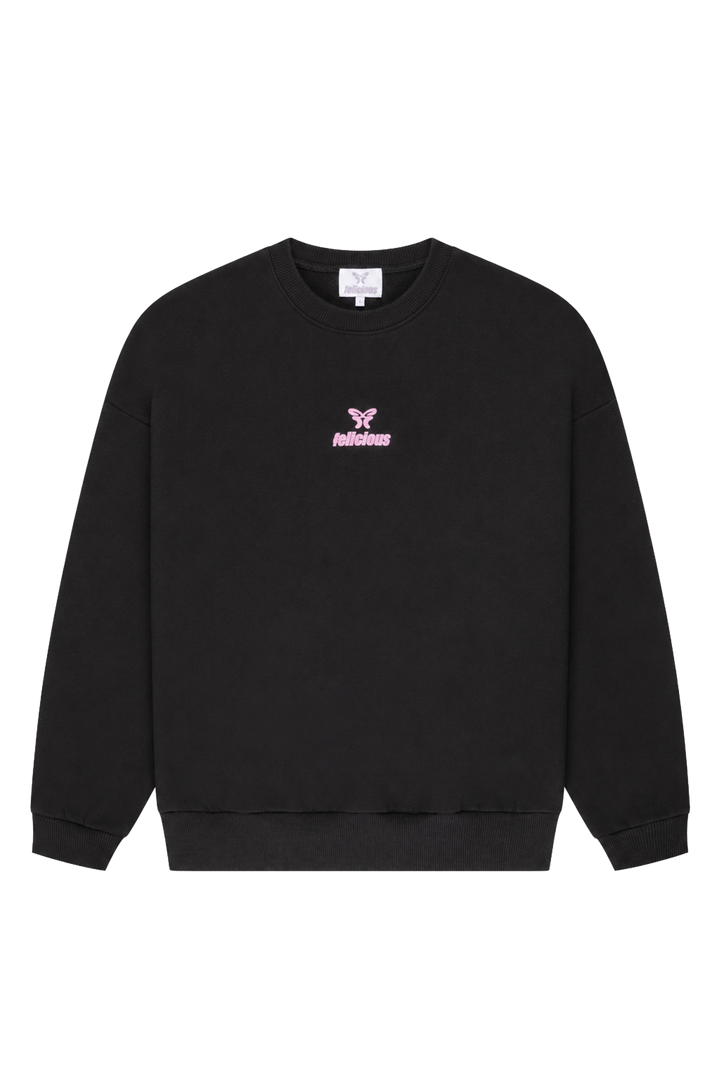 Women's black crewneck sweatshirt with pink chest logo