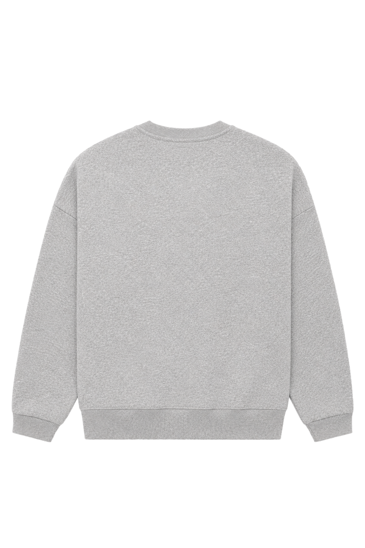 Women's light grey crewneck sweatshirt with pink chest logo