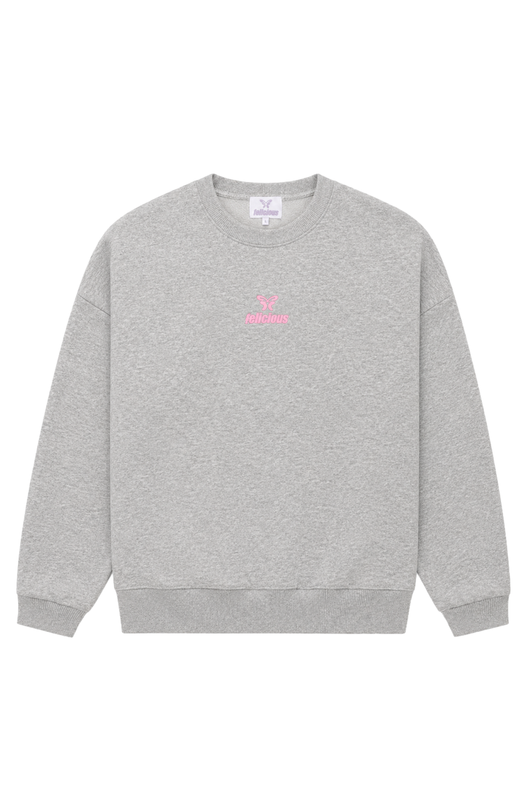 Women's light grey crewneck sweatshirt with pink chest logo