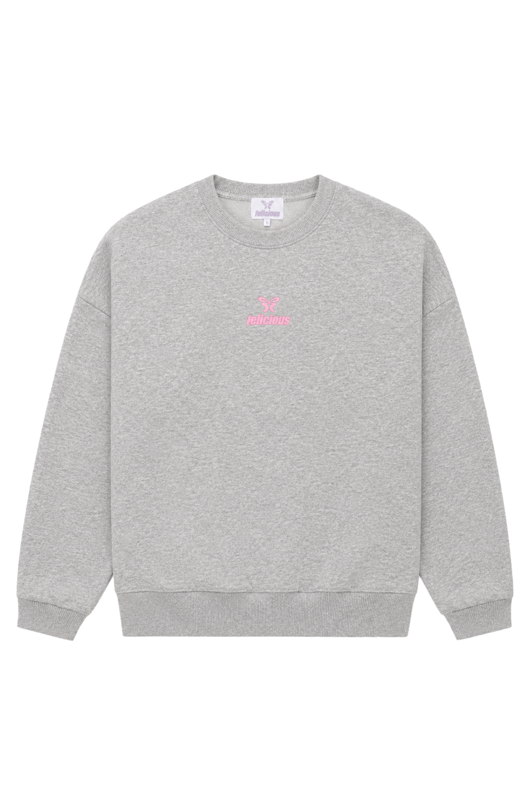 Women's light grey crewneck sweatshirt with pink chest logo