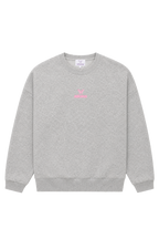 Women's light grey crewneck sweatshirt with pink chest logo