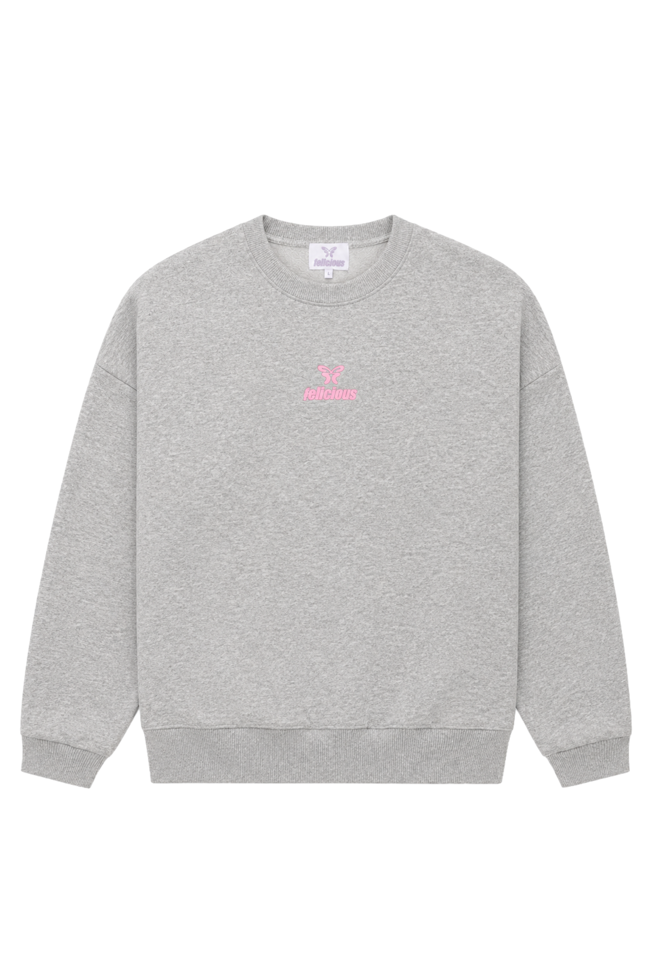 Women's light grey crewneck sweatshirt with pink chest logo