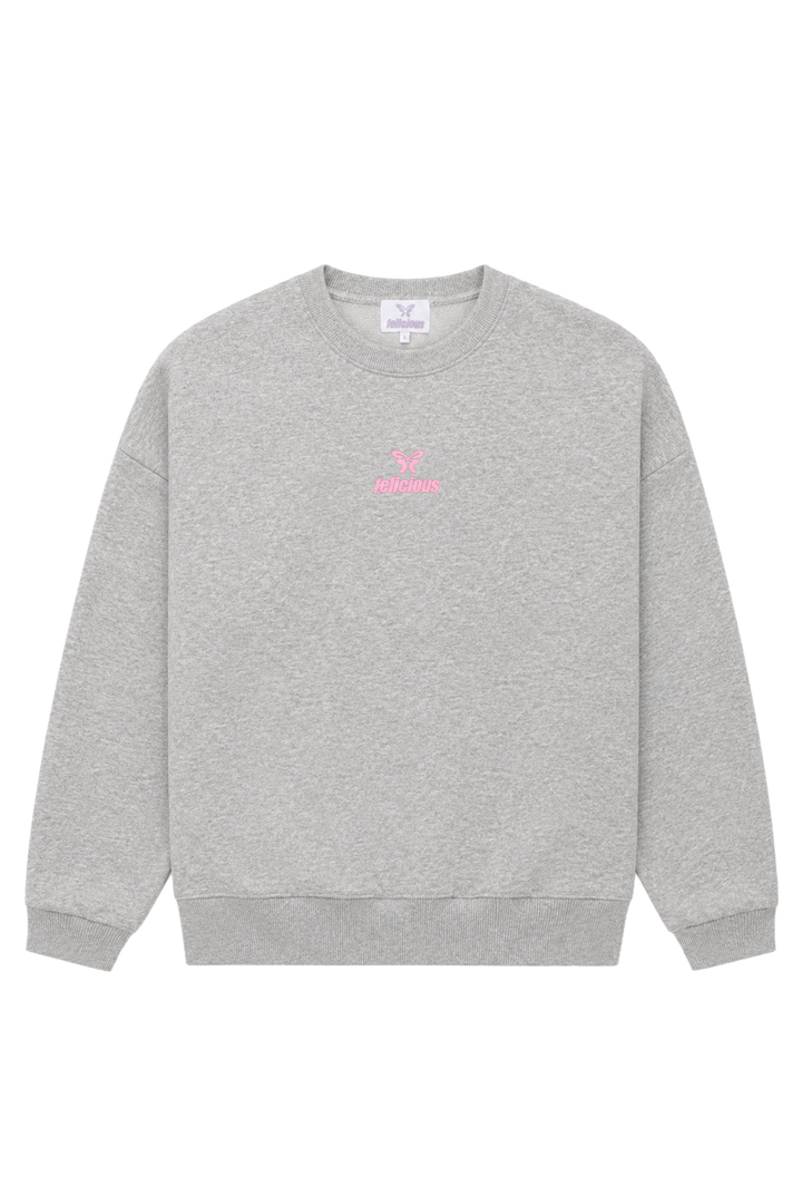 Women's light grey crewneck sweatshirt with pink chest logo