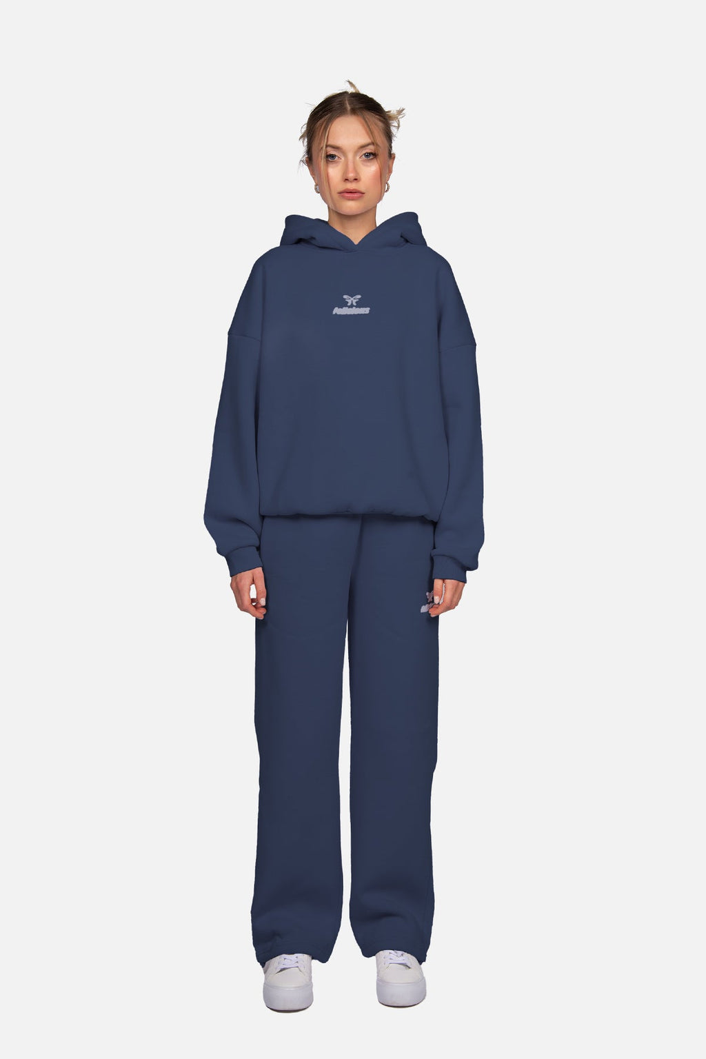 Blue women's hoodie with hood, long sleeves and chest logo