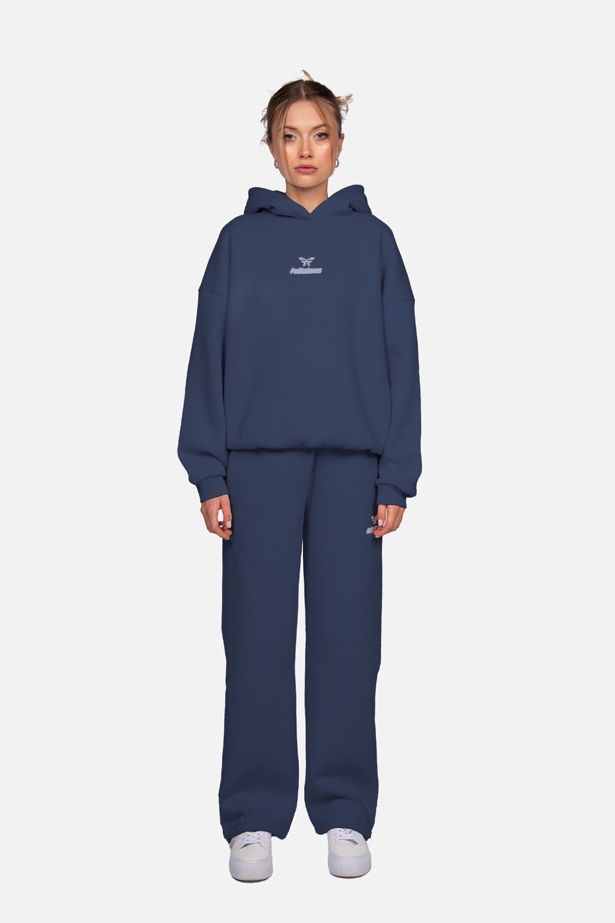 Blue women's hoodie with hood, long sleeves and chest logo