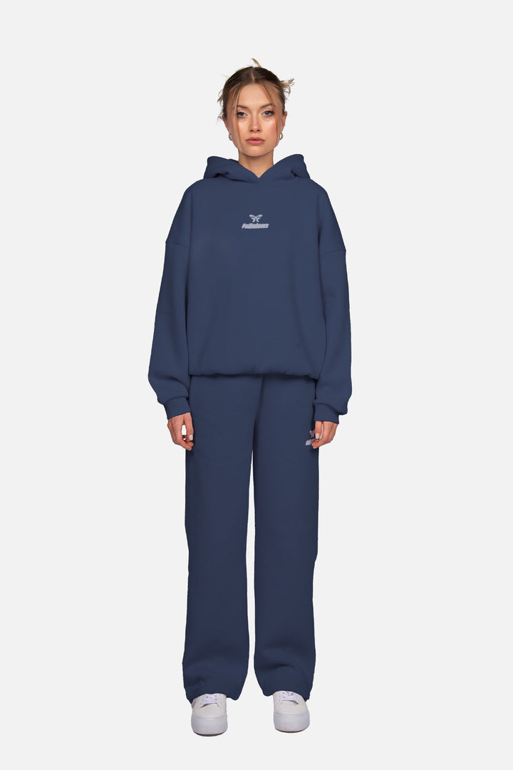 Blue women's hoodie with hood, long sleeves and chest logo