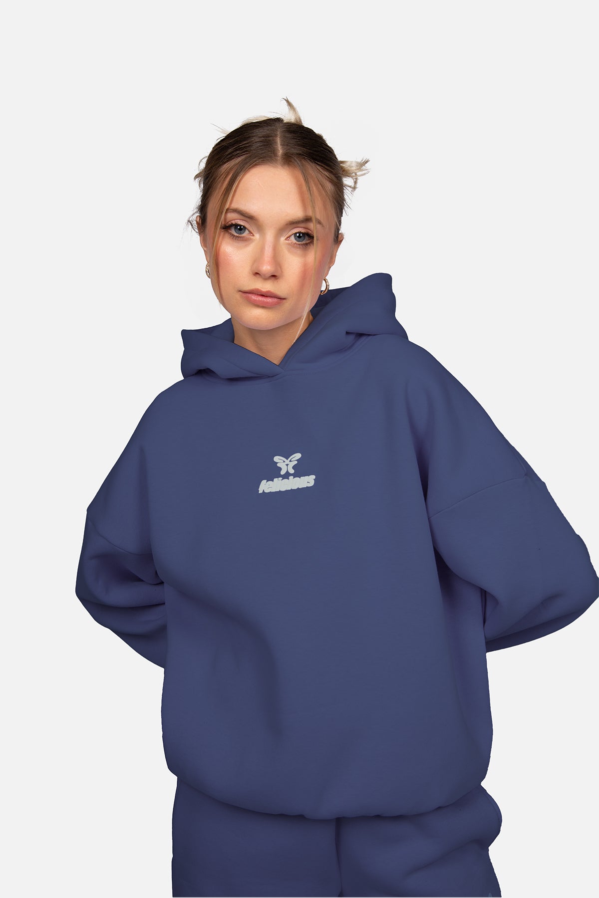Blue women's hoodie with hood, long sleeves and chest logo