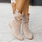 Women's slouch ankle boots with wrap straps, low block heels and almond toes