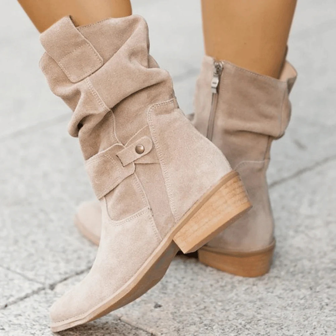 Women's slouch ankle boots with wrap straps, low block heels and almond toes
