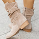 Women's slouch ankle boots with wrap straps, low block heels and almond toes