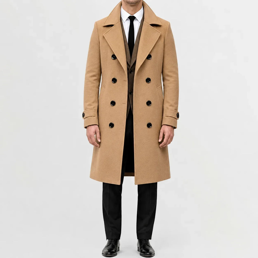 Men's long double-breasted trench coat with wide lapels and buttoned cuffs