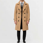 Men's long double-breasted trench coat with wide lapels and buttoned cuffs