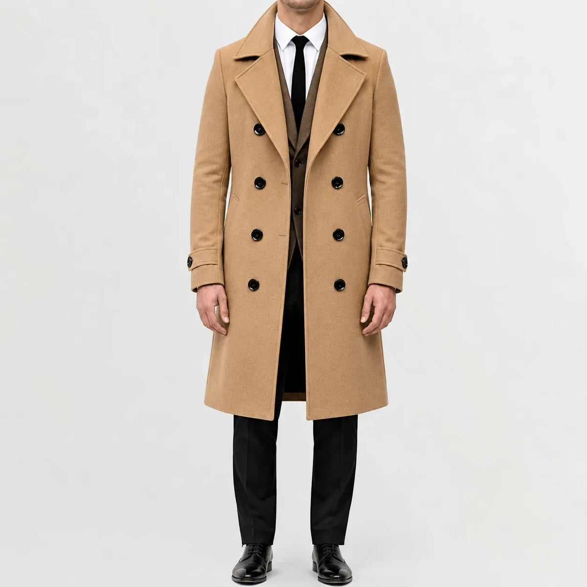 Men's long double-breasted trench coat with wide lapels and buttoned cuffs