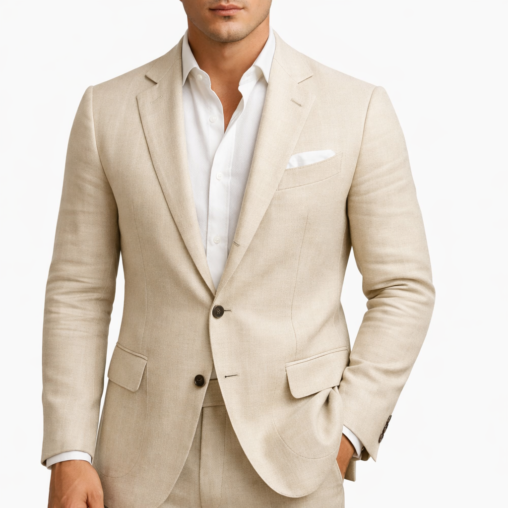 Men's summer blazer with notched lapels, button fastening and flap pockets