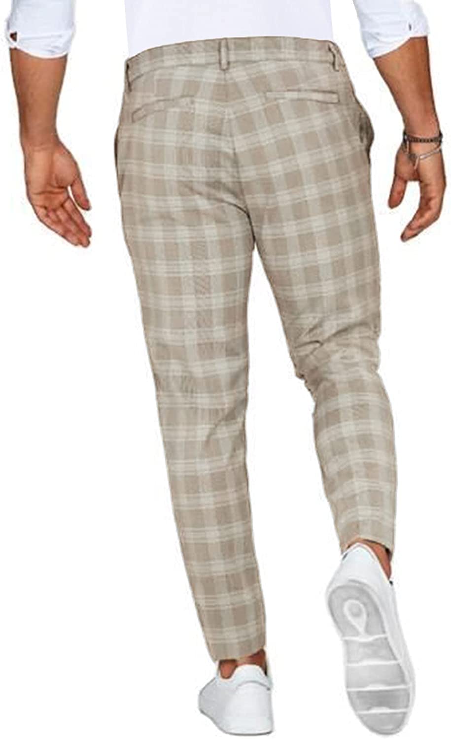 Men's checked slim leg chino trousers with belt loops and full-length cut