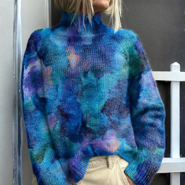 Women's multicolor abstract knit sweater with mock neck and long sleeves