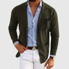Men's long-sleeve knit blazer with notch lapels, button front and patch pockets