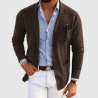 Men's long-sleeve knit blazer with notch lapels, button front and patch pockets