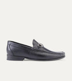 Men's black leather moccasin loafers with silver metal bit