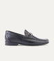 Men's black leather moccasin loafers with silver metal bit