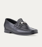 Men's black leather moccasin loafers with silver metal bit