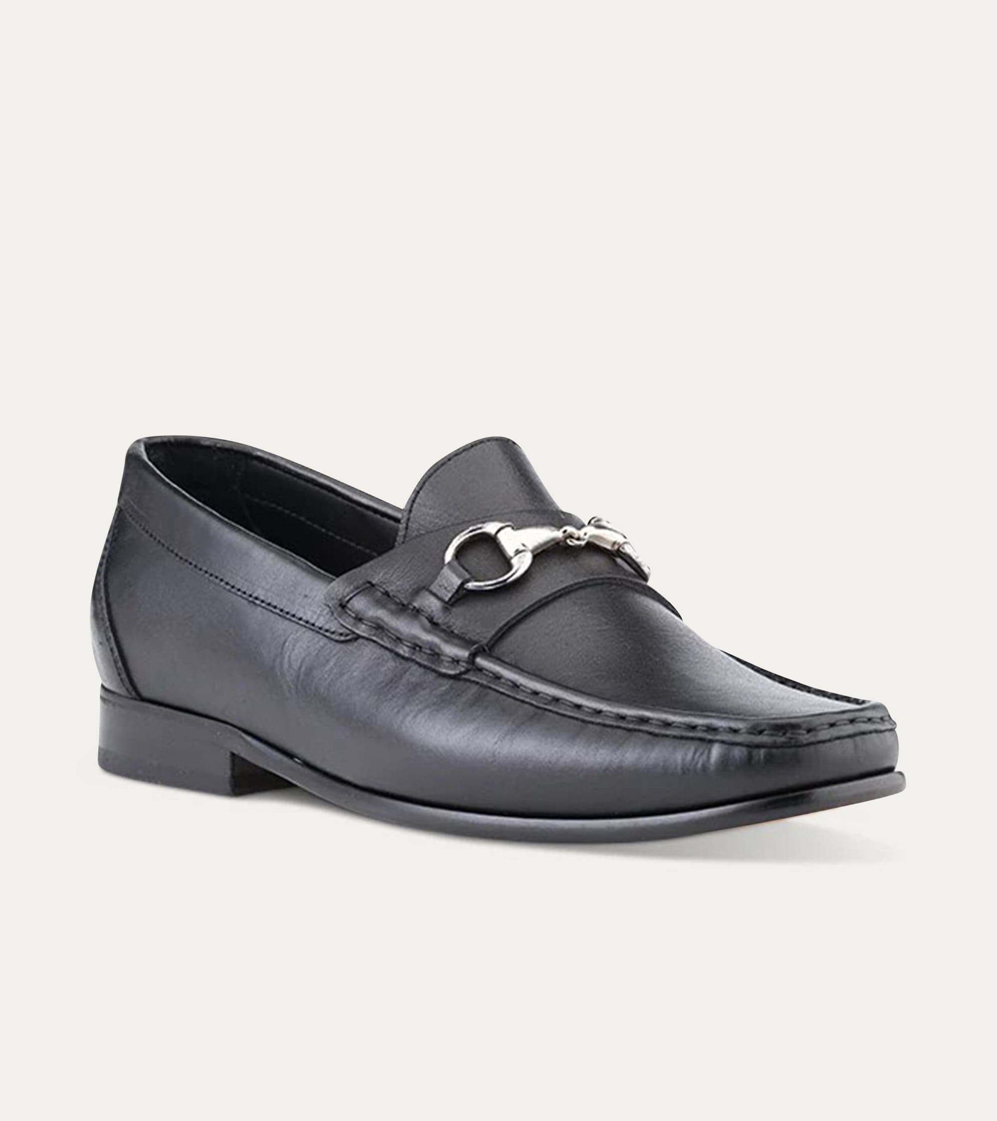 Men's black leather moccasin loafers with silver metal bit