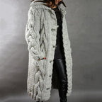 Women's long cable knit hooded coat with button fastening