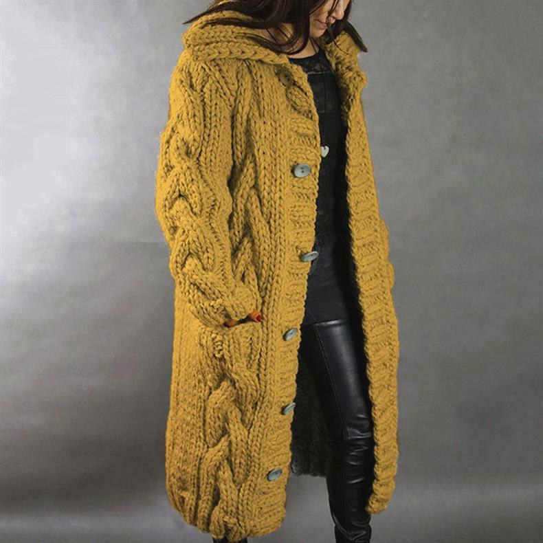 Women's long cable knit hooded coat with button fastening