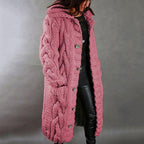 Women's long cable knit hooded coat with button fastening