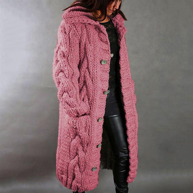 Women's long cable knit hooded coat with button fastening